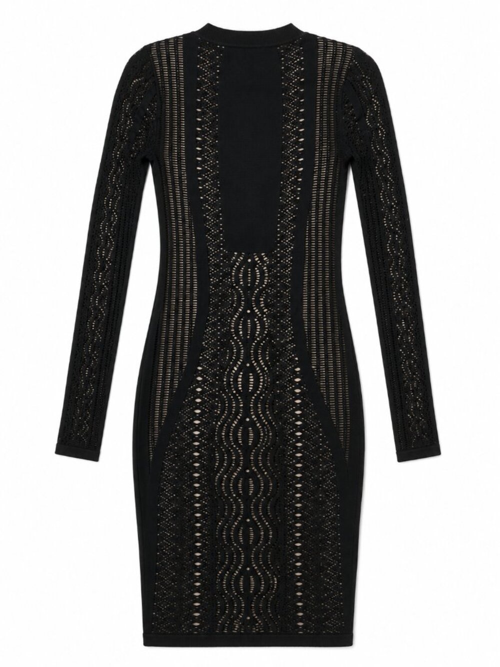 Bebe Black Open Knit Crochet Bodycon Dress M Nude Lined Y2K Sexy Knee Length - Picture 6 of 12